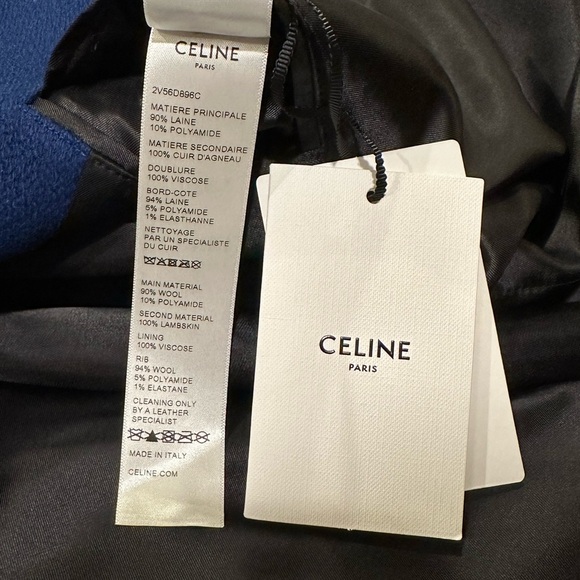 Celine x Hedi C Logo Leather Sleeve Blue Woold Teddy Jacket - Picture 13 of 14